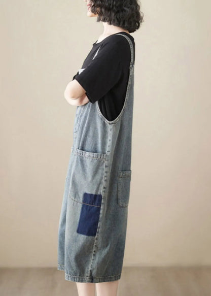 Handmade Light Blue High Waist Denim Jumpsuit Sleeveless