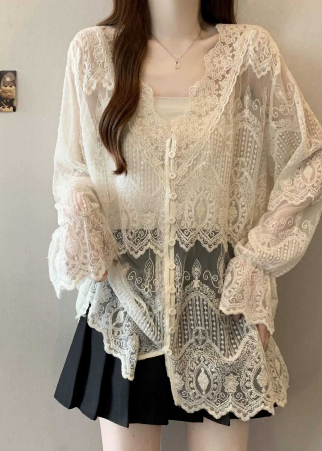 Apricot V Neck Button Lace Shirt Butterfly Sleeve