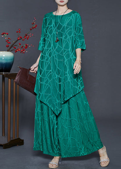 Green Asymmetrical Print Silk Two Pieces Set Summer