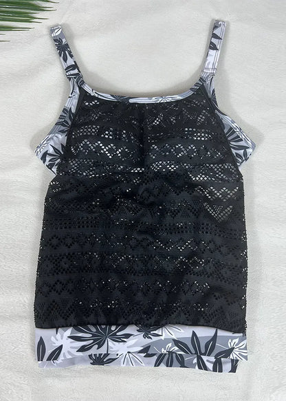 Pink O-neck Print Hollow Out Swimwear Two Pieces Sets