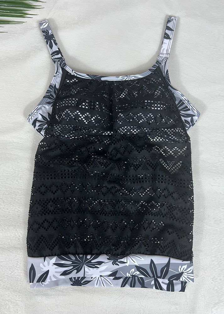 Pink O-neck Print Hollow Out Swimwear Two Pieces Sets