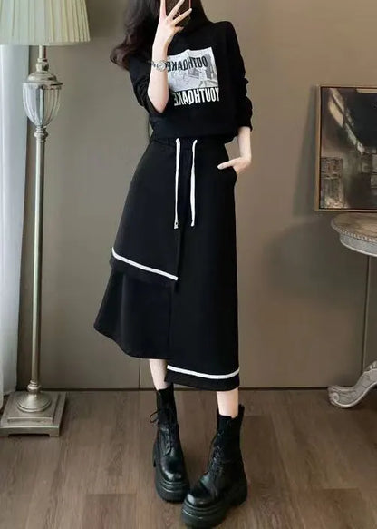 Black Hooded Sweatshirt and Skirts Cotton Two Piece Set Spring