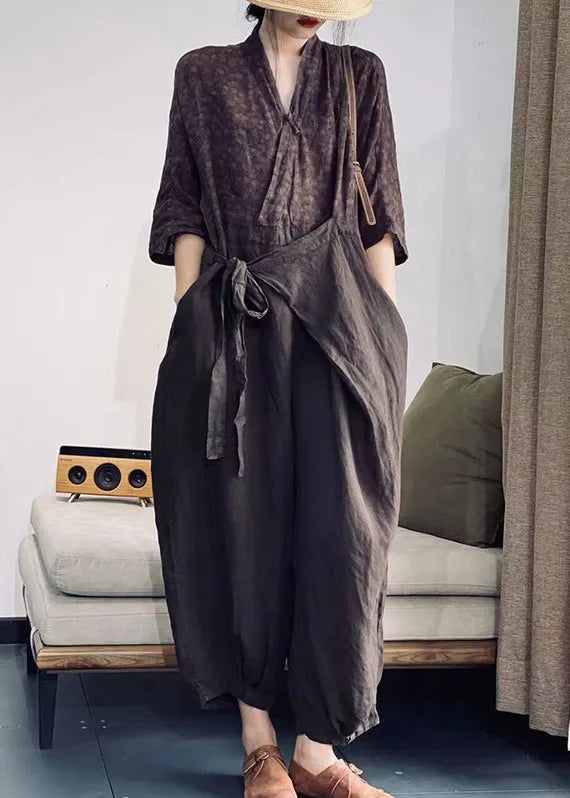 Coffee Purple V Neck Print Lace Up Patchwork Cotton Jumpsuit Spring