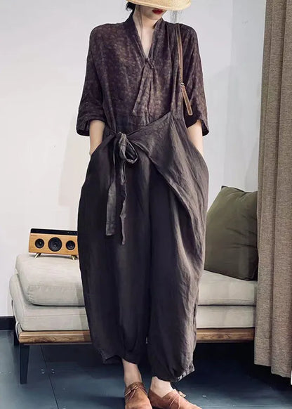 Coffee Purple V Neck Print Lace Up Patchwork Cotton Jumpsuit Spring