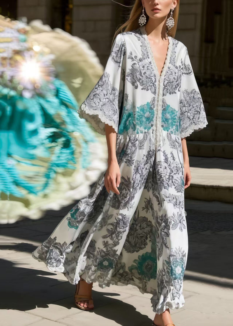 Fitted Grey Oversized Print Silk Robe Dresses Flare Sleeve Summer