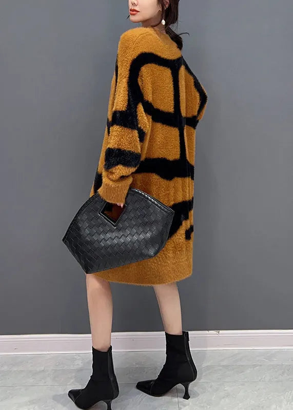 Orange V Neck Patchwork Mink Velour Maxi Dress Fall