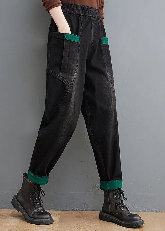 Style Black Pockets Patchwork Denim Pants Spring