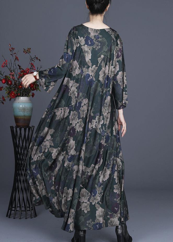 Green Print Silk Asymmetrical Design Mid Dress Summer