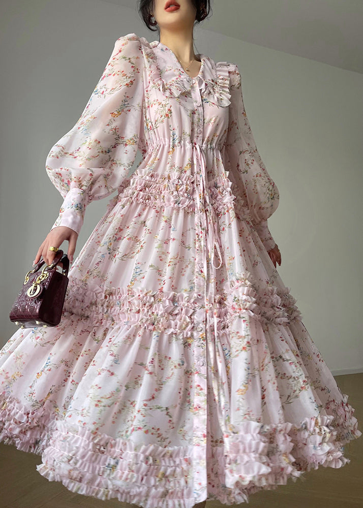 Pink Peter Pan Collar Print Chiffon Dresses Long Sleeve