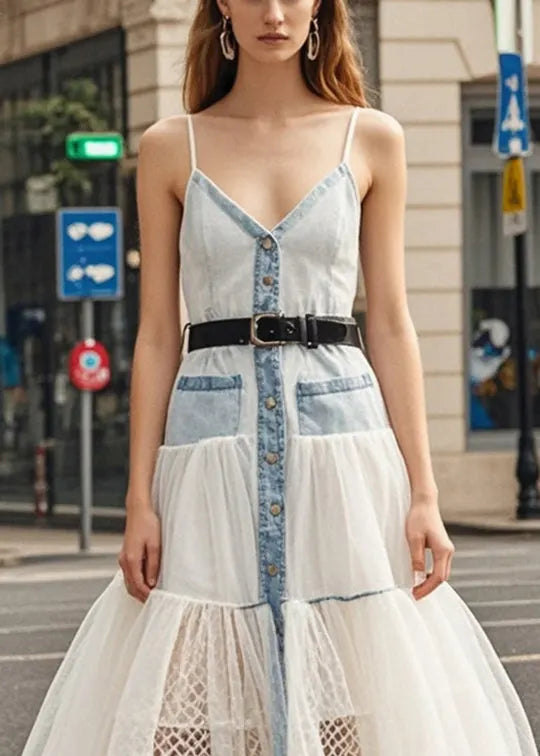 Light Blue Silm Fit Patchwork Tulle Denim Long Dresses Summer
