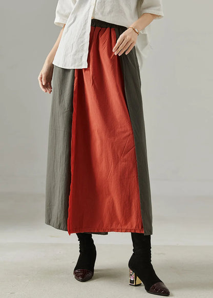 Red Elastic Waist Patchwork Cotton Skirts Spring