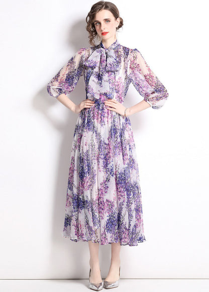 Purple Stand Collar Print Chiffon Long Dress Bracelet Sleeve