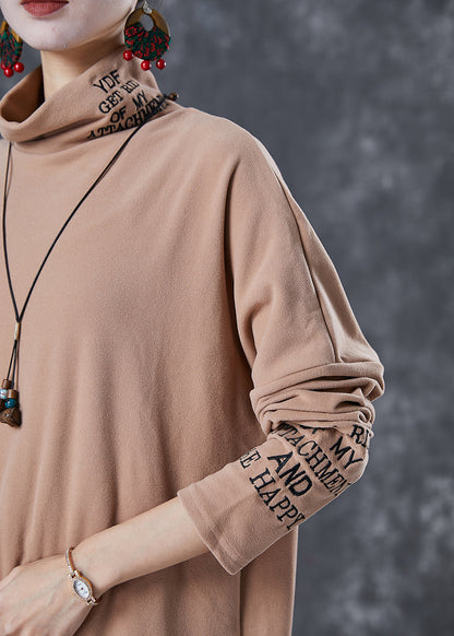 Khaki Turtle Neck Letter Embroideried Velour Tops Fall