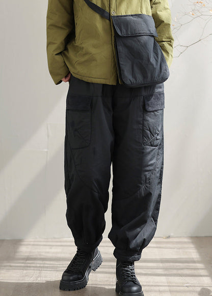 Handmade Black Pockets Elastic Waist Fine Cotton Filled Pants Winter