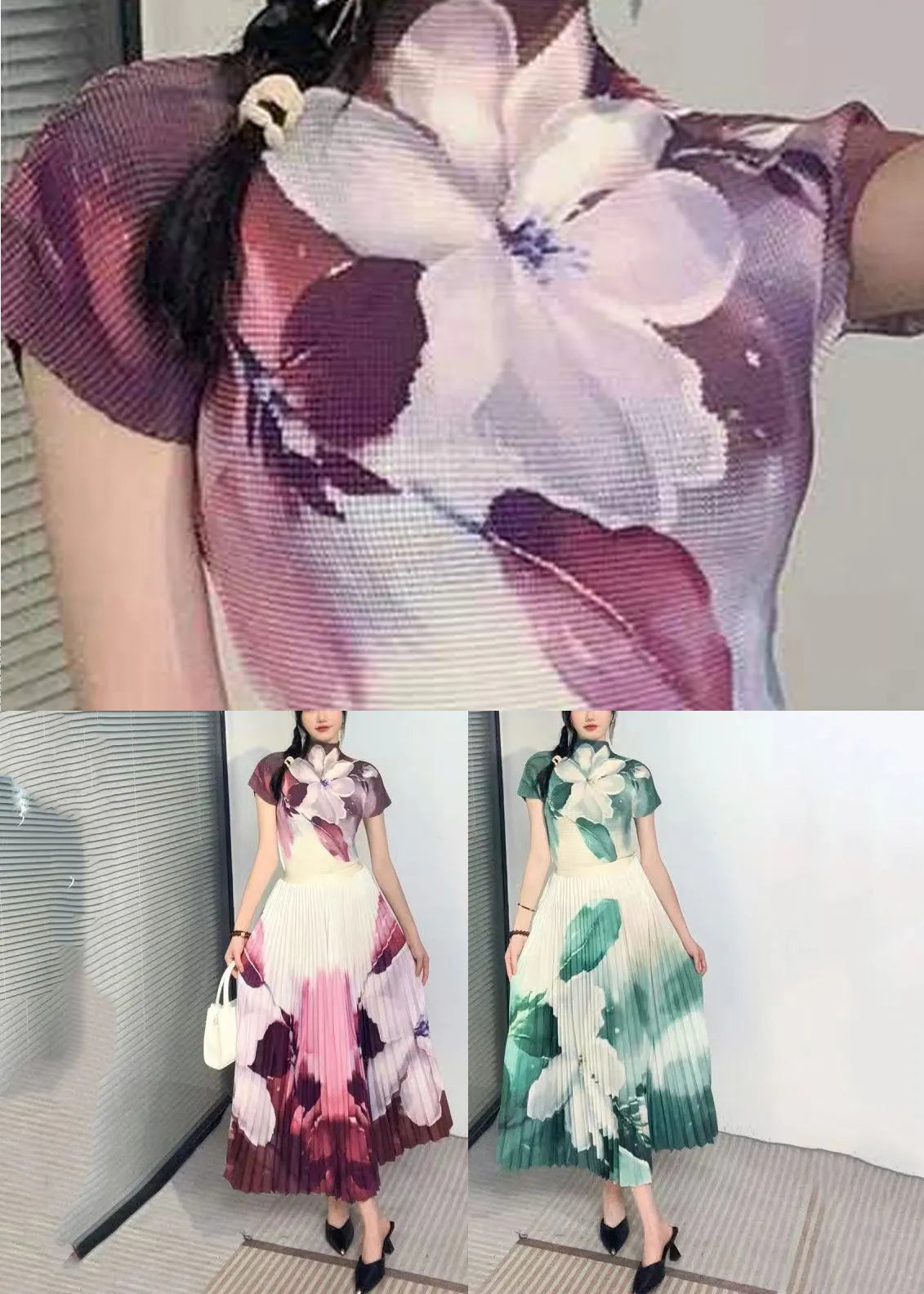 Purple Wrinkled T Shirt and Skirts Two Pieces Set Summer