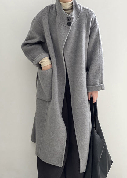 Italian Grey Stand Collar Pockets Tie Waist Woolen Coat Fall