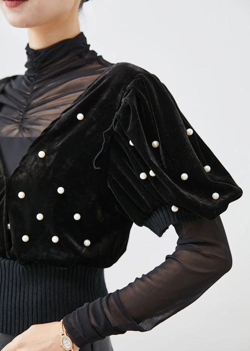 Black Nail Bead Silk Velour Vest and Shirt Two Piece Suit Set Fall