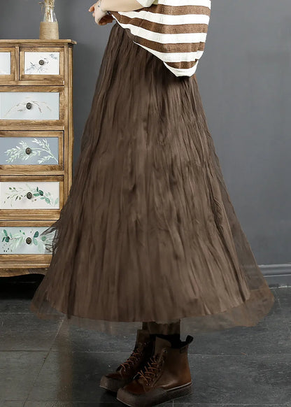 Coffee Wrinkled Elastic Waist Tulle Skirt Spring