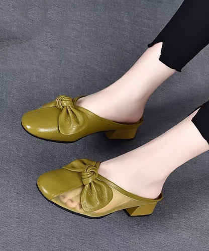 Bow Tulle Splicing Chunky Yellow Cowhide Leather Slide Sandals