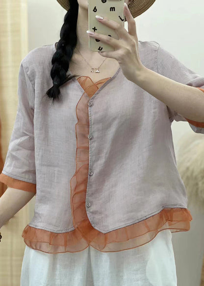 Blackish Green V Neck Organza Patchwork Button Ramie Shirt Fall