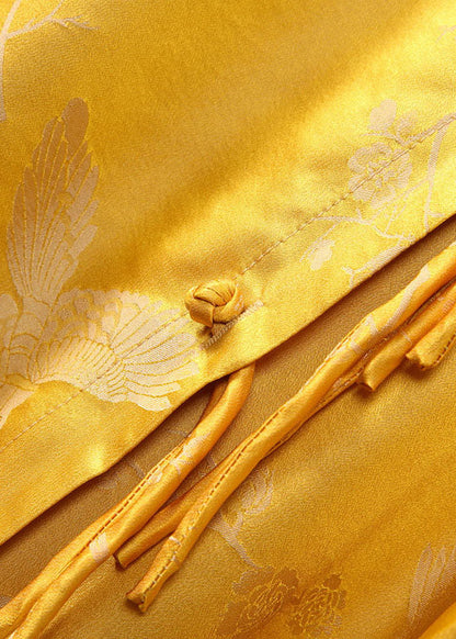 Yellow Stand Collar Button Jacquard Silk Tops Spring