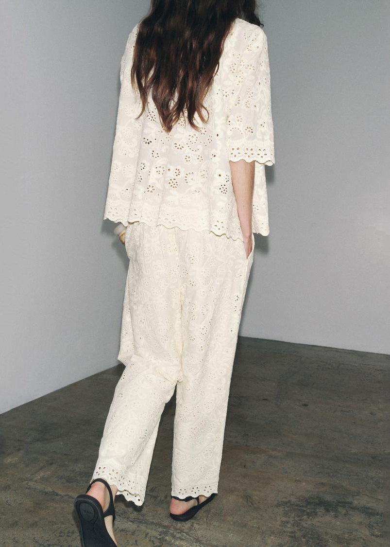 Loose White Embroidered Hollow Out Cotton Two-piece Set Half Sleeve