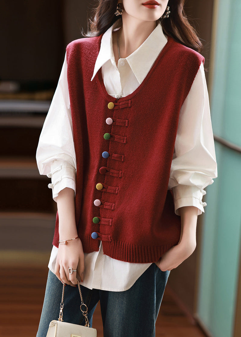 New Chinese Style Red Vest and Shirts Two Pieces Set Fall