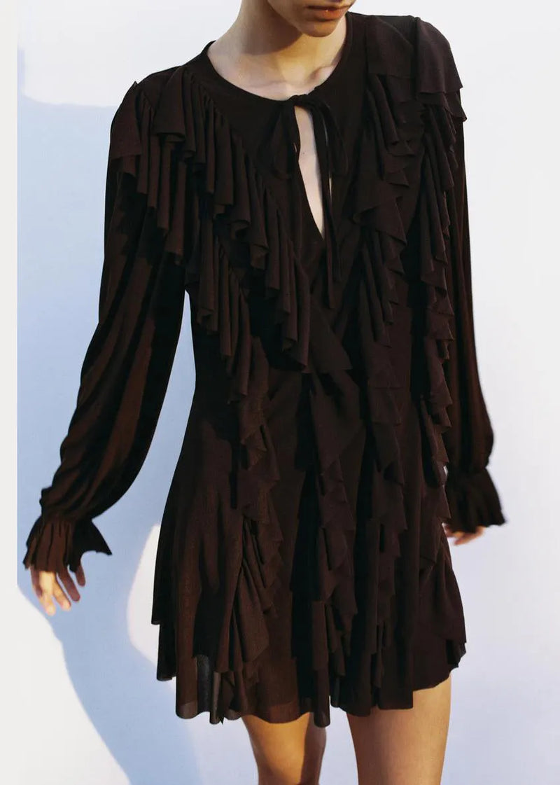 Chocolate Ruffled Lace Up Cotton Mini Dress Butterfly Sleeve