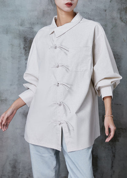 Beige Oversized Chinese Button Cotton Shirt Top Spring