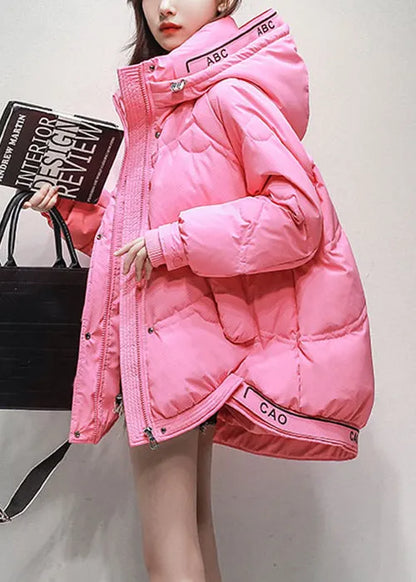 Pink Hooded Pockets Drawstring Duck Down Coats Winter