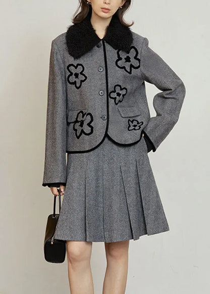 Organic Grey Button Woolen Coat and Skirts Two Pieces Set Fall