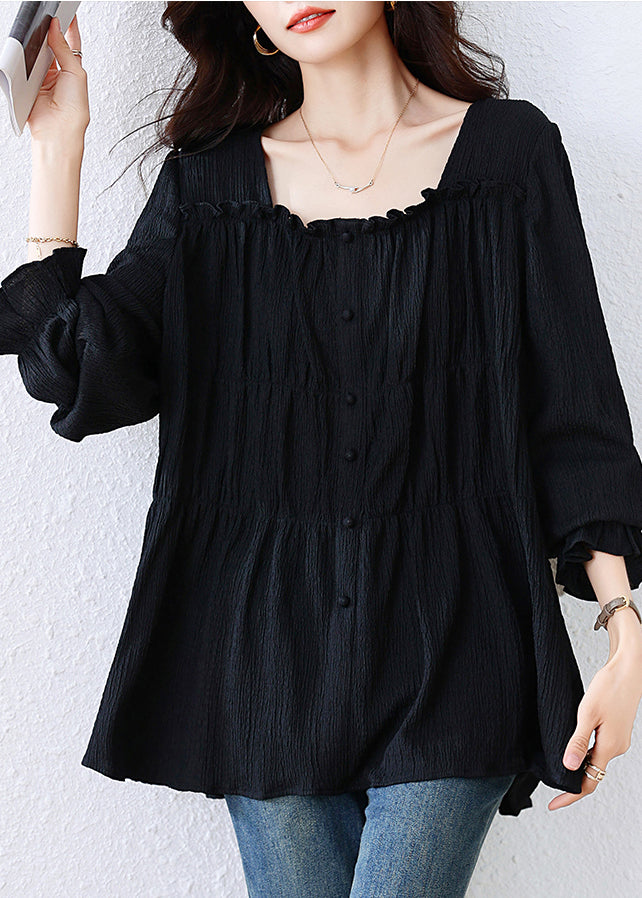 Black Square Collar Wrinkled Cotton Shirt Top Fall