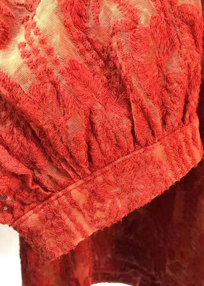 Red O Neck Embroideried Lace T Shirt Tops Fall