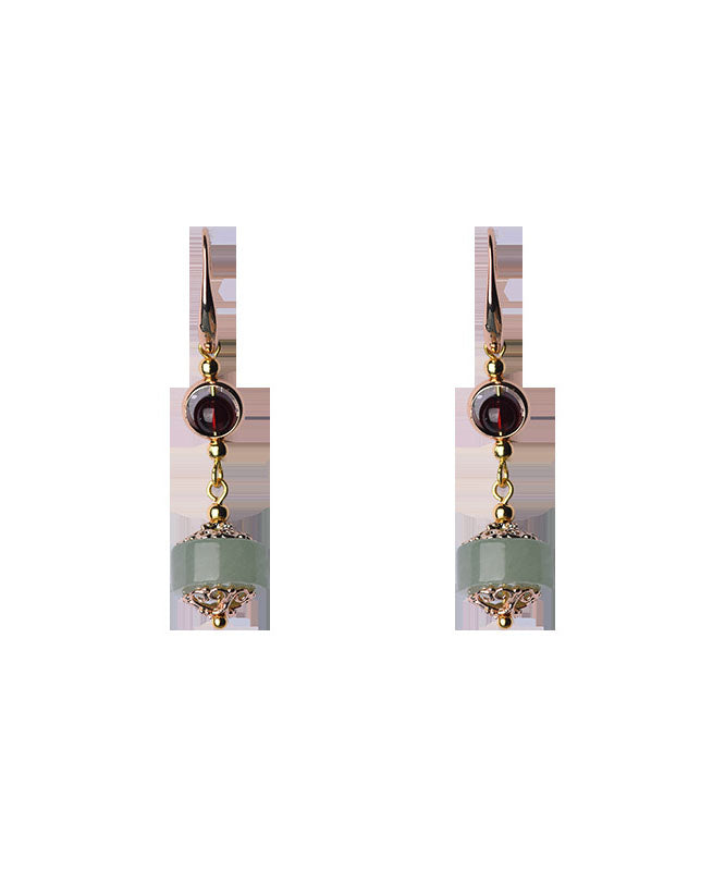 Red Gem Stone and Jade 14k Gold Drop Earrings
