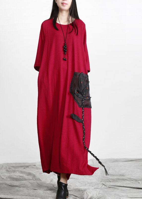 Red Patchwork Appliques Pockets Dress Fall