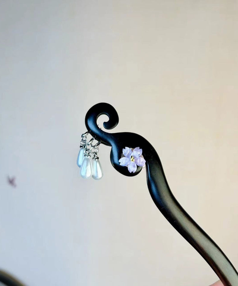 Chinese Style Purple Wooden Pearl Tassel Hairpin