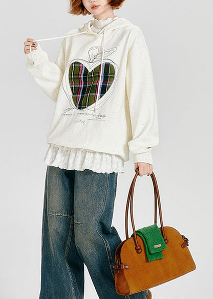 Stylish White Embroidered Warm Fleece Sweatshirt Spring