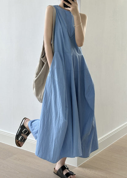 New Blue O-neck Pockets Cotton Long Dresses Sleeveless Summer