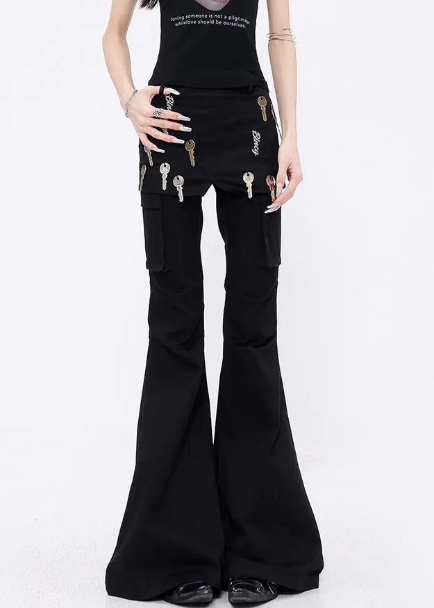 Black False Two Pieces Patchwork Denim Flared Trousers Fall