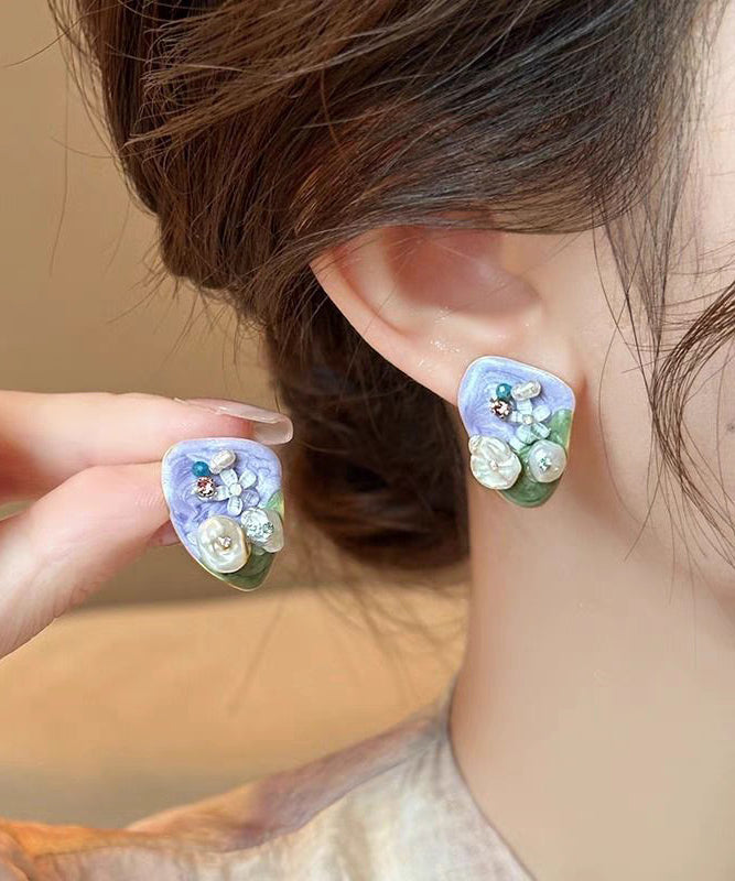 Modern Light Purple Alloy Zircon Rice Beads Stud Earrings