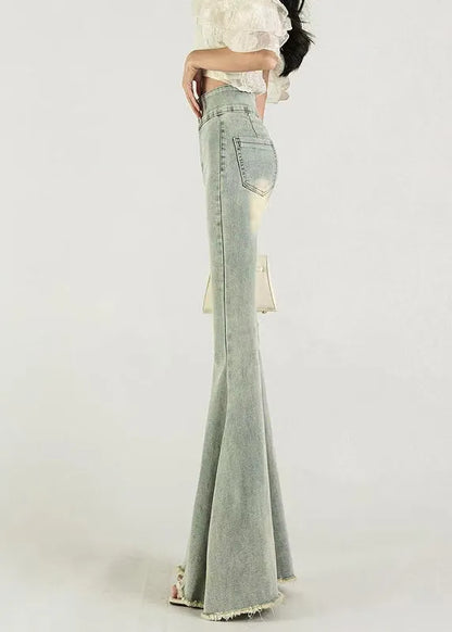 Silm Fit Blue High Waist Denim Bell-bottom Trousers Fall