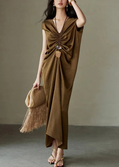 Stylish Brown V Neck Cinched Silk Maxi Dresses Summer