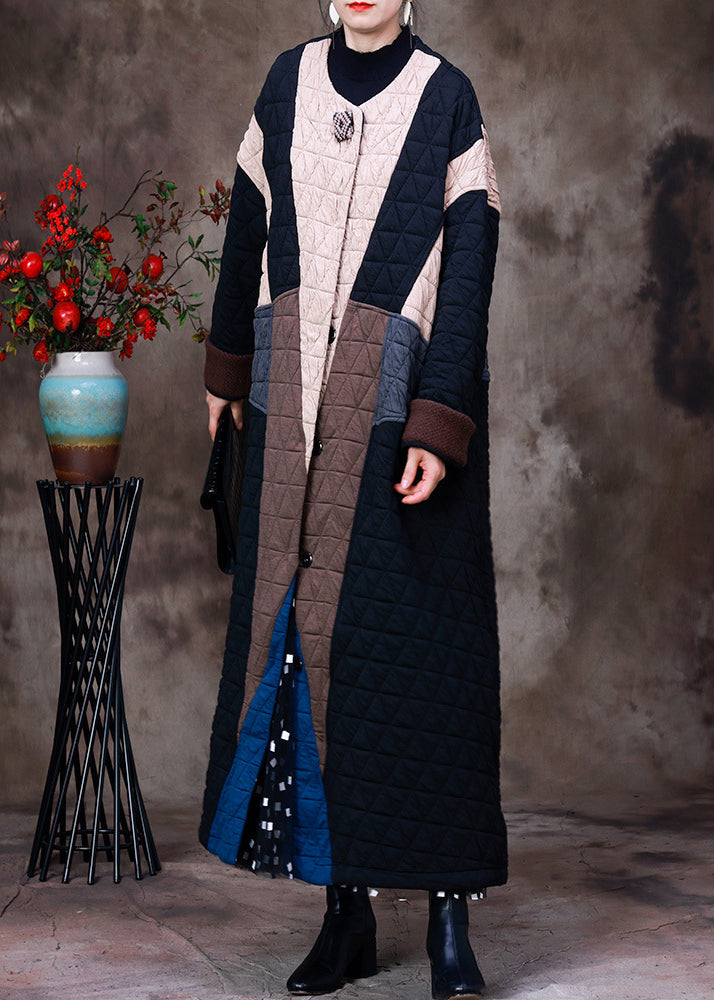 Style Apricot Black Colour Patchwork O-neck Cotton Thick Long Coat Long Sleeve
