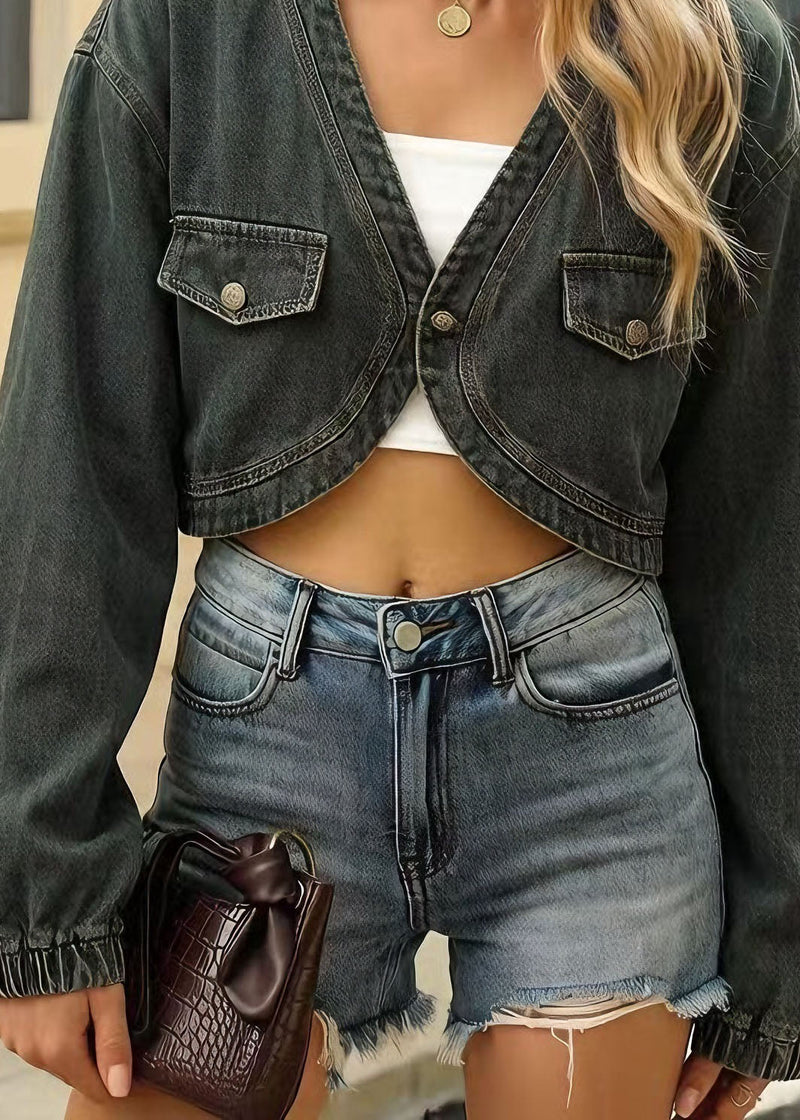 Italian Blue V Neck Pockets Denim Short Coat Spring