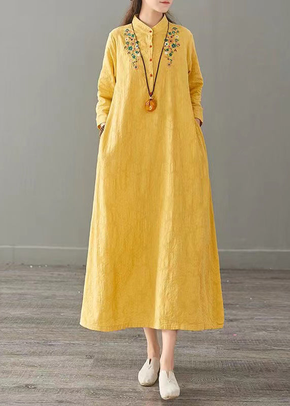 Yellow Embroideried Patchwork Cotton Long Dresses Fall