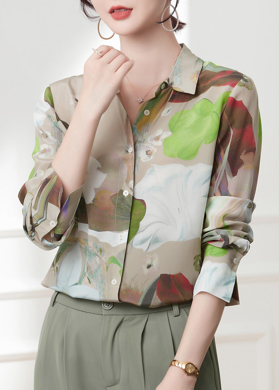 Peter Pan Collar Print Button Silk Shirts Spring