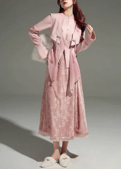 Pink Tulle Patchwork Shirts and Maxi Skirts Two Piece Set Long Sleeve