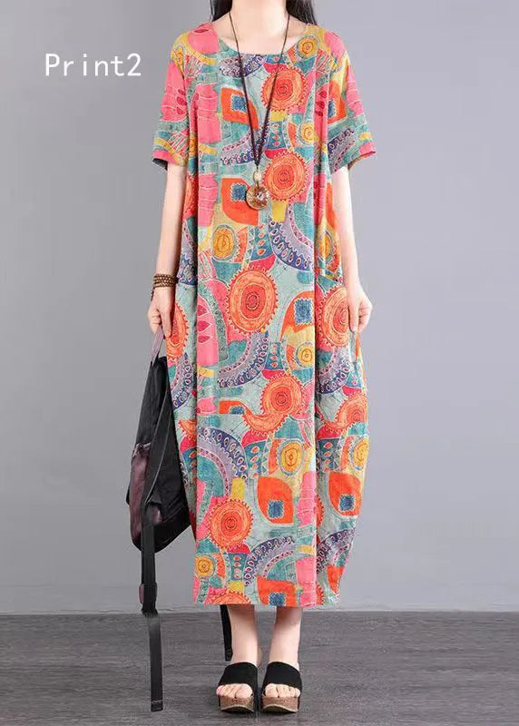 O Neck Print Pockets Patchwork Cotton Dress Summer