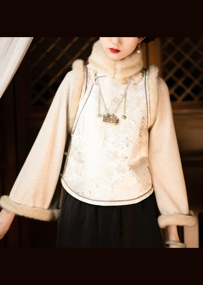 Teddy Patchwork False Two Piece Chinese Style Cotton Filled Top Winter