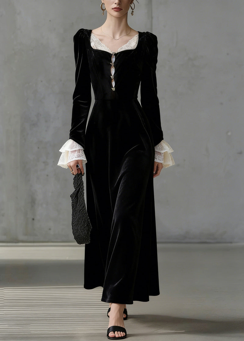French Black Square Collar Lace Patchwork Silk Velvet Long Dress Flare Sleeve
